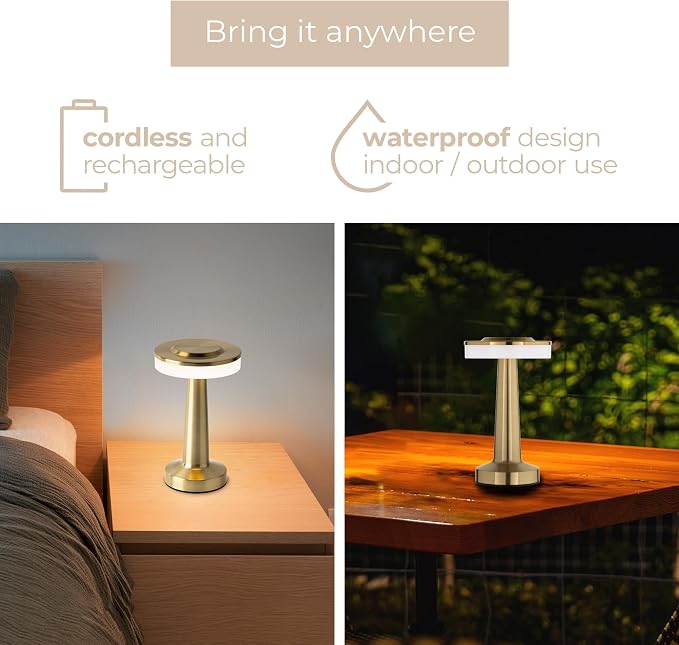 Radiance LED Cordless USB-C Re-Chargeable Desk Lamp, 5200mAh Battery Operated with 3 Color Temperature 2700K-3000K-3500K and Fingertip Touch On/Off Plus Dimming in Satin Brass