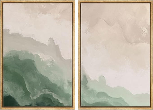 MUDECOR Framed Canvas Print Wall Art Soft Green and Beige Abstract Calming Watercolor Landscape Illustrations Modern Art Decorative Bohemian Chic for Living Room, Bedroom, Office - 16"x24"x2 Natural
