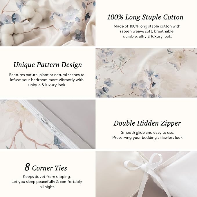 MILDLY Cal King Size Duvet Cover Set 100% Long-Staple Cotton Luxury Elegant Floral Patten Reversible Comforter Cover Set 3Pcs