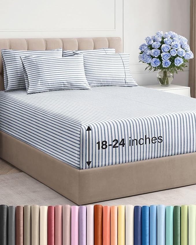 Extra Deep Cal King Sheet Set - 6 Piece Breathable and Cooling Sheets - Hotel Luxury Bedding for Women, Men, Kids & Teens - Easy Secure Fit - Soft & Wrinkle Free - Extra Deep Pockets - Blue Stripes