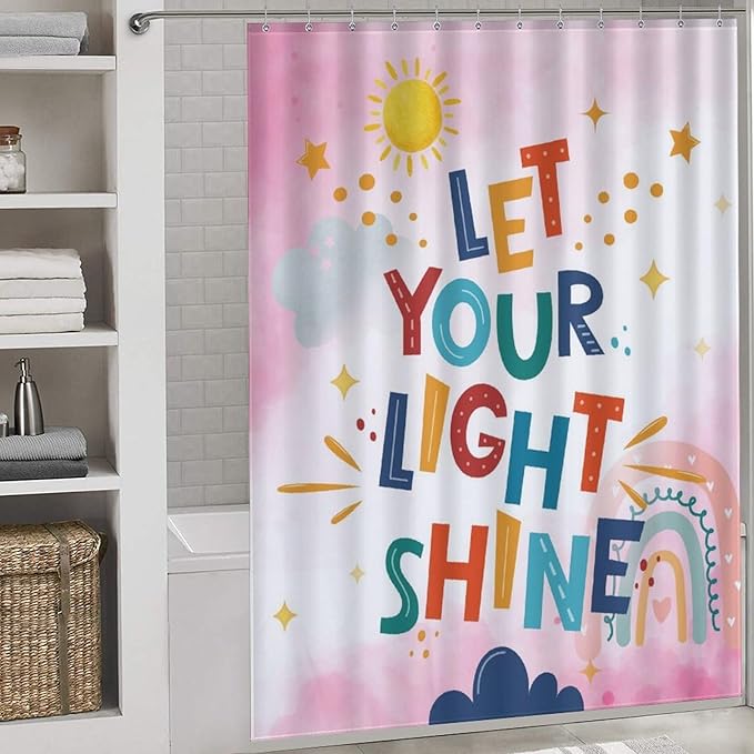 Pink Rainbow Shower Curtain for Bathroom, Boho Cute Inspirational Motivational Quotes Rainbow Colorful Baby Kids Girls Waterproof Fabric Shower Curtain Set with Hooks, 72"x84" Inch