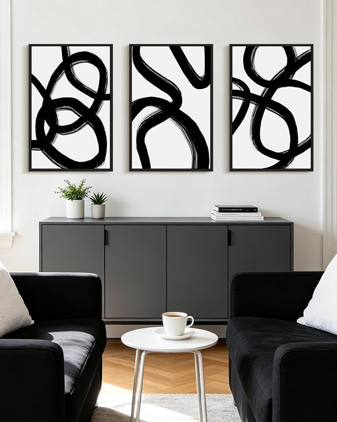 KUVIOKE Black and Gray Abstract Framed Wall Art Ink Wash Minimalist Lines Painting Artwork for Bedroom Hallway 24x36in (Black Framed)