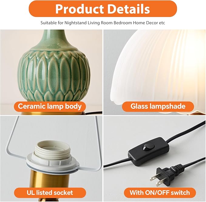 Ceramic Table lamp Set of 2, Modern Bedside Lamps Green Mid Century Vintage Desk Lamp Retro Glass Mushroom Traditional Lamp for Nightstand Living Room Bedroom Home Decor (S03GN-2PACK)