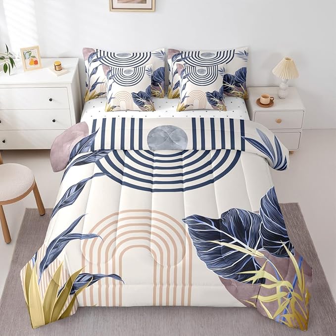 Erosebridal Retro Mid Century Queen Comforter Set with Sheets 7 Piece Pink Blue Palm Leaf Bed in A Bag Vintage Bohemian Plant Leaves Bedding Sets for Men Adults Modern Stripes Aesthetic Bed Set