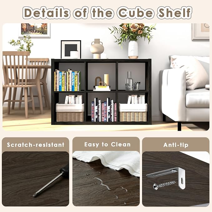 Endearing Limons【2026 Wooden Thick Border 6 Cube Shelf Storage Organizer with Anti-Tipping Kits + Reversible Open Back Bookcase (11x 11 Unit Cell Chocolate)