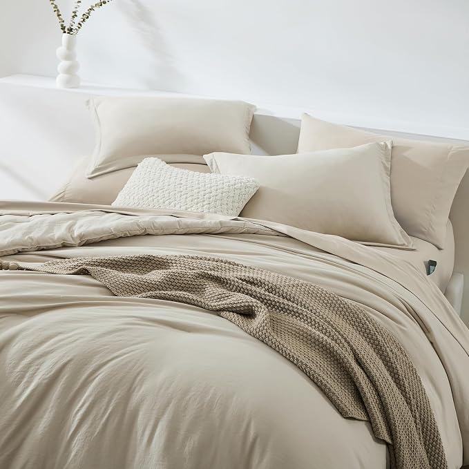 WRENSONGE Light Oatmeal Super King Comforter Set, 7 Pieces Soft Microfiber Comforters with Fitted Sheet, Flat Sheet, 2 Pillow Shams, and 2 Pillowcases- Warm Bedding Sets Super King for All Season