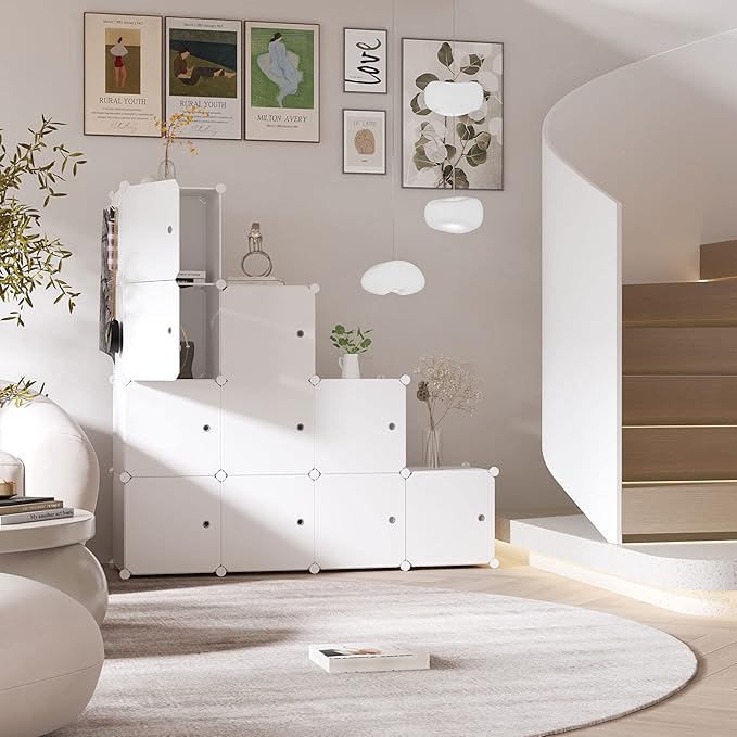 C&AHOME Cube Storage Organizer with Doors, 12-Cube Shelves, Closet Cabinet, DIY Plastic Modular Bookshelf Ideal for Home, Living Room, 36.6”L x 12.4”W x 48.4”H Milky USHS3012M-DOOR