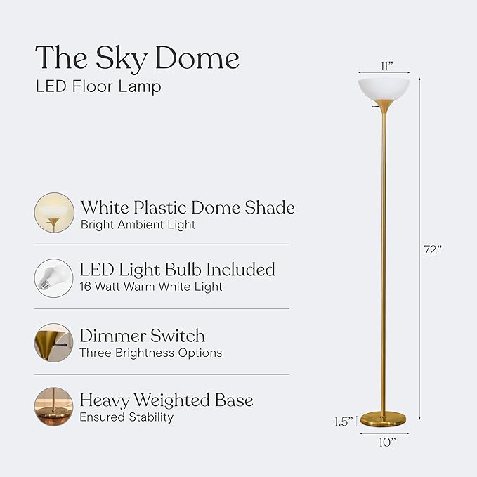 Brightech Sky Dome Dimmable LED Floor Lamp, Torchiere Floor Lamp for Living Room, Bedroom, & Office – Tall Torch Standing Lamp for Reading, Modern Home Decor – Brass/Gold