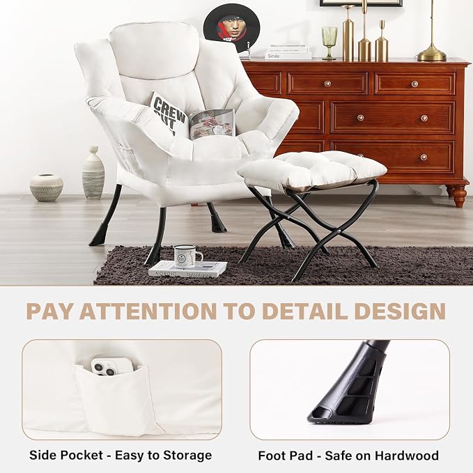 Tiita Lazy Chair with Ottoman, Beige Modern Large Accent Chair, Comfy Leisure Sofa Armchair with Ottoman, Reading Chair with Footrest for Bedroom, Living Room, Dorm Rooms, Beige