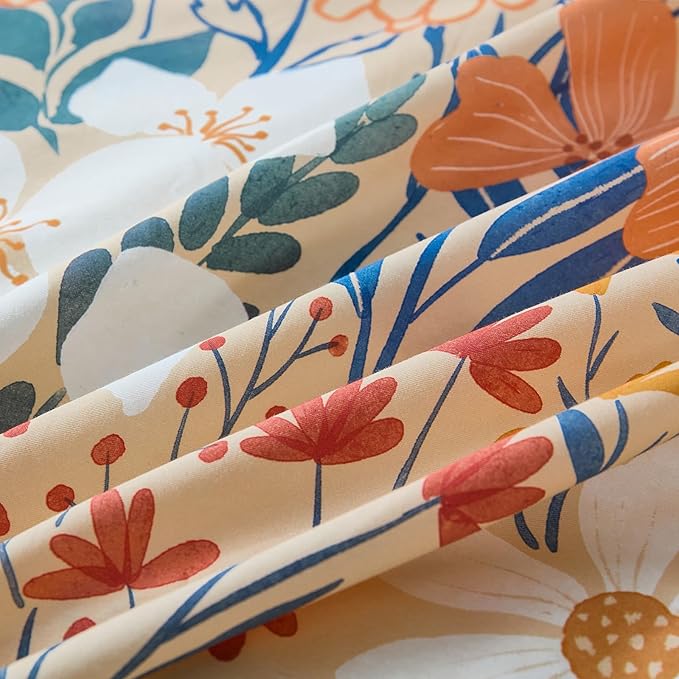 100% Cotton Duvet Cover Queen Size – Autumn Botanical Floral Duvet Cover Set with Zipper Closure, 3-Piece Soft Breathable Percale Weave Bedding Set for All Seasons