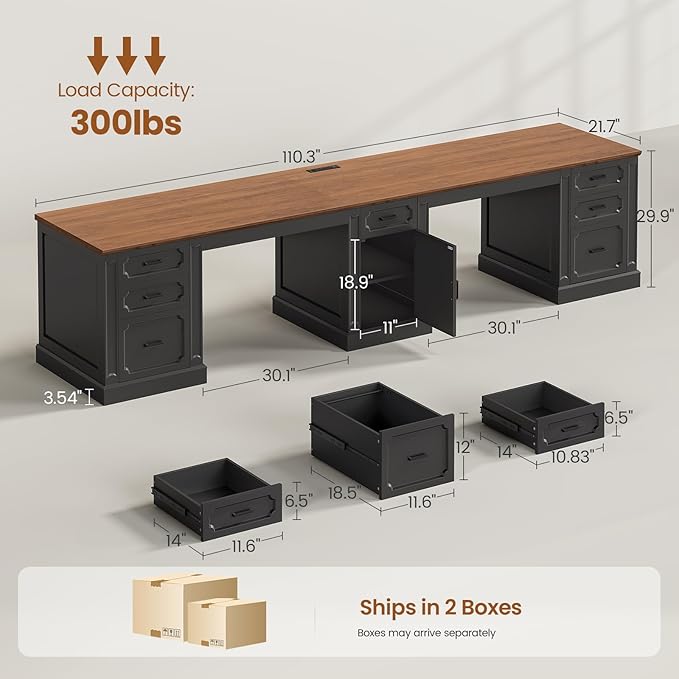 SEDETA Farmhouse 110.3" Two Person Desk with 7 Drawers, Long Computer Desk with Storage Cabinet, 2 Person Desk with Power Outlets for Home Office, Black+Brown