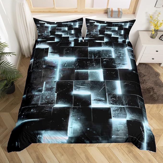 Erosebridal 3D Geometric Bedding Sets King Abstract Aesthetic Comforter Cover Black and Greyish White Bed Set Glowing Futuristic Cube King Duvet Cover Neon Grid Quilt Cover 3pcs (Black Reversible)