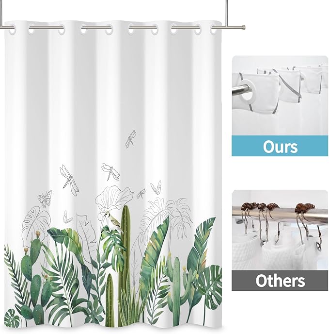 No Hook Shower Curtain with Snap in Fabric Liner Tropical Green Plant Shower Curtains for Bathroom Leaf Botanical Sage Green Shower Curtain Sets Waterproof Bathtub Curtain 71x74 Inch