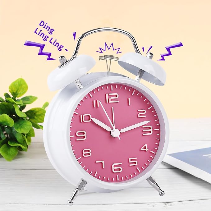 pxy Loud Alarm Clock for Heavy Sleepers 3D Dial Battery Operated (Battery Include), 4" Super Silent Analog Alarm Clock for Kids with Night Light PT260 Silver OrangePT505 White Pink