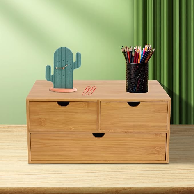 Bamboo Desk Organizer Small Retro Bamboo Tabletop Storage Box with Drawers& Recess Handles for Office Home Supplies Table Storage Collector 13 * 7.5 * 6in (3 Drawers/2 Top&1 Bottom)