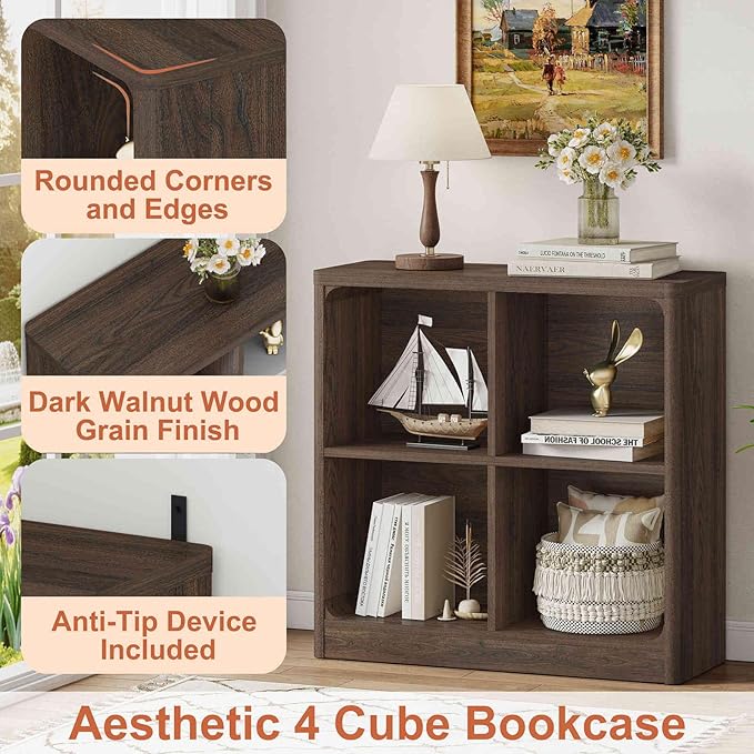FATORRI 4 Cube Storage Organizer Bookshelf, Small Cube Bookcase, Wood Cubby Shelf for Living Room, Home Office, Bedroom (Dark Walnut, 29.53 Inch)
