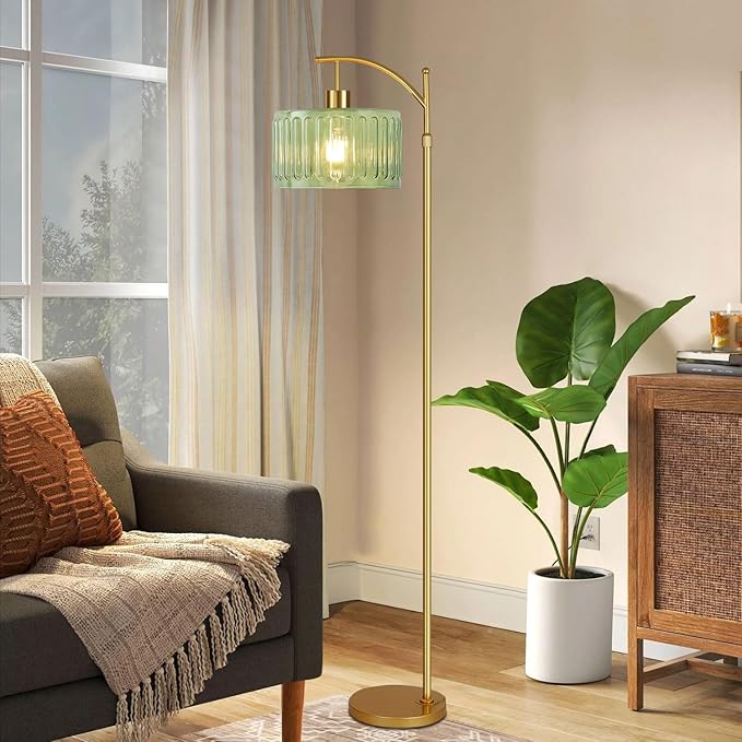 Glass Floor Lamp for Living Room,Bedroom,Gold Mid Century Modern Standing Lamp with Remote,Dimmable Brass Tall Lamp Vintage Retro Green Arc Flower Floor Light Boho Bohemian