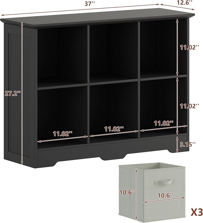 VORONOI 6 Cube Storage Organizer with 3 Fabric Drawers and Removable Shelves — Modular Cube Bookshelf for Bedroom, Living Room, or Home Office, Short Cube Bookcase for Toys, Decor,Black