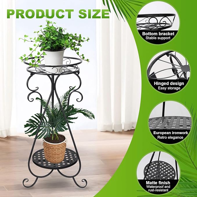 Metal Corner Plant Stand Indoor - 2 Tier Tall Potted Flower Pot Stand Outdoor Multiple Tiered Rustproof Iron Holder Heavy Duty Plant Rack Round Suport Shelf for Balcony Garden Patio Enterway