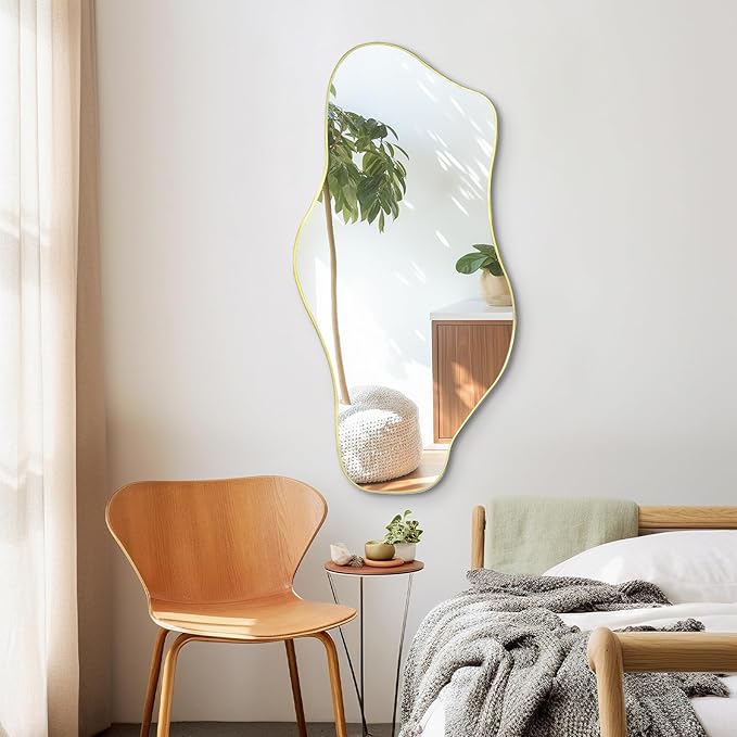 Gold Irregular Wall Mirror, 35.8"x17.7" Asymmetrical Tempered Glass Mirror Decorative, Modern Abstract Frameless Cloud Mirrors for Living Room Bathroom Bedroom Entryway, Horizontal or Vertical Hanging