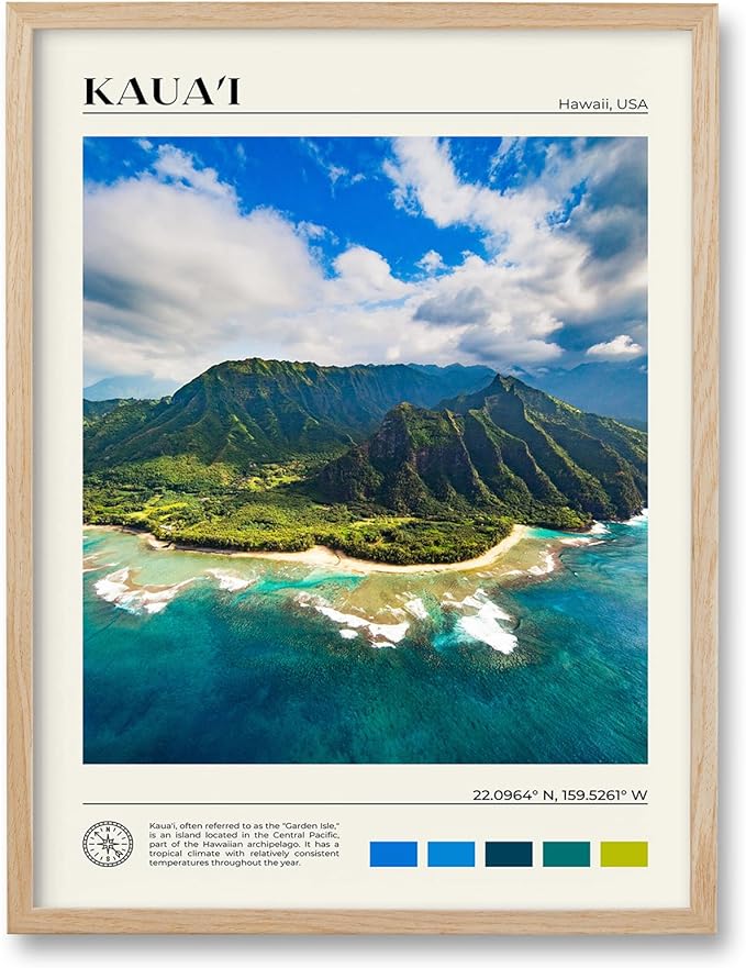 HesenDot Natural OAK Wood Framed Hawaiian Archipelago Wall Art,12x16in Kauai Quality Canvas Wall Print,Classic Urban Landmark Wall Decor for Living Room,Bedroom,Office Gallery Set of 1