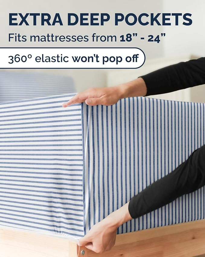Extra Deep Twin XL Sheet Set - 4 Piece College Dorm Bed Sheets Set with Extra Deep Pockets - Ultra-Soft, Comfy & Breathable Bedding for Women, Men, Kids & Teens - Wrinkle & Fade Free - Blue Stripes 2