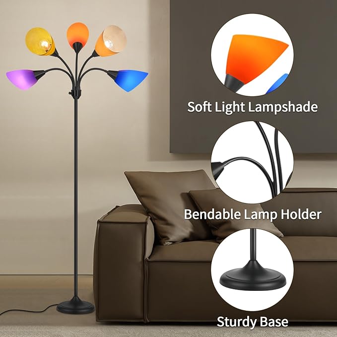 Medusa Floor Lamp, Multi Head 5 Light Floor Lamp for Bedroom with 10 Lampshade, Adjustable Neck Reading Standing Lamp for Living Room,Office,Kids,Classroom (Black)
