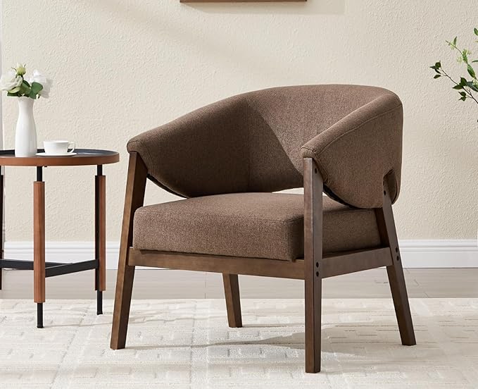 CIMOTA Mid-Century Modern Accent Chairs Set of 2, Comfy Barrel Armchairs with Wide Seat, Upholstered Lounge Chairs with Walnut Wood Legs for Living Room/Bedroom/Reading Corner, Linen Fabric, Brown