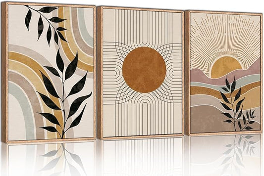 HPINUB Boho Framed Canvas Wall Art Prints, Set of 3 Mid Century Modern Wall Decor, Nature Plants Desert Sun Art Paintings, Bohemian Artwork for Living Room, Bedroom, Dining Room, Office - 24"x36"x3