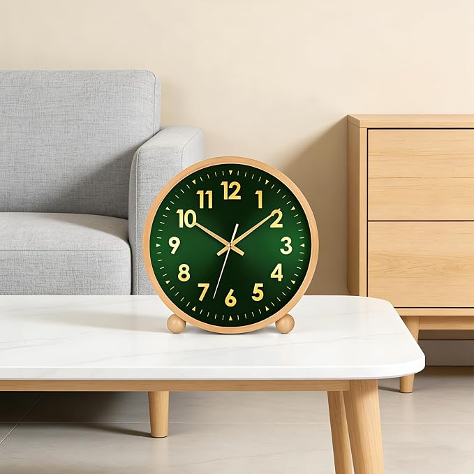Maxspace Wooden Table Clock,8in Silent Non-Ticking Desk Clock,Battery Operated Desktop Analog Clock for Living Room Office Bedroom Decor (Green Gold - Log, Wooden Ball Base)