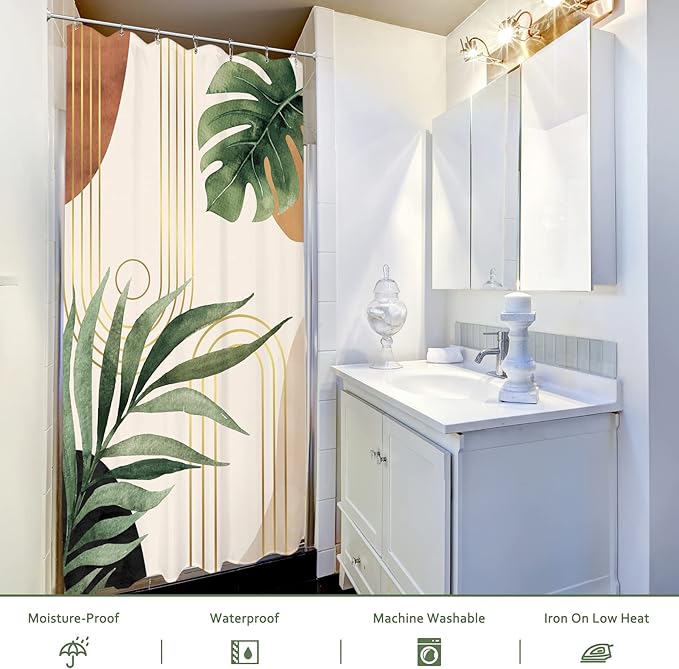 Glawry Small Stall Narrow Shower Curtain 39Wx72L Inches Single Tropical Boho Mid Century Leaves Abstract Bathroom Palm Leaf Plant Green Minimalist Bath Accessories Art Home Decor Fabric 7 Pack Hooks