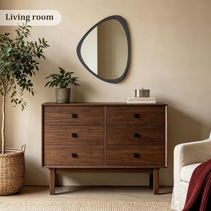 HOMECOOKIN 25" H x 20" W Asymmetrical Mirror, Irregular Wooden Wall Mirror for Bedroom, Living Room,Entryway– Mid-Century Modern Decorative Mirror, Solid Wood Frame, Pebble Shaped Design (Dark Brown)