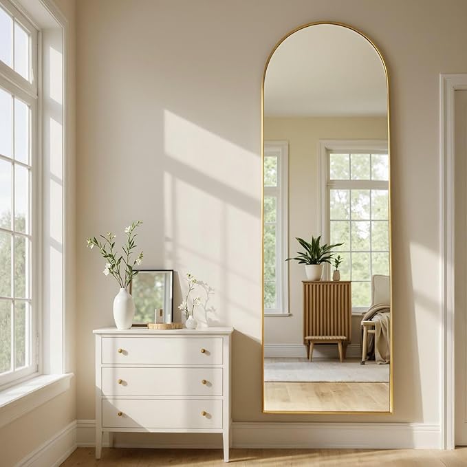 MISSDAY 64"x21" Arched Full Length Mirror, Full Body Mirror with Stand, Floor Mirror Long Free Standing, Leaning or Hanging, Aluminum Thin Frame Wall-Mounted Mirrors Wall Mirrors for Bedroom, Gold
