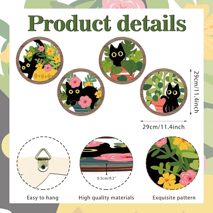 TOARTi 4PCS Boho Black Cat Wall Art Farmhouse Floral Cat Hanging Wood Sign Botanical Kitten Wall Decor Plant Cats Room Decor Floral Leaves Cat Wooden Sign for Living Room Bedroom Decoration