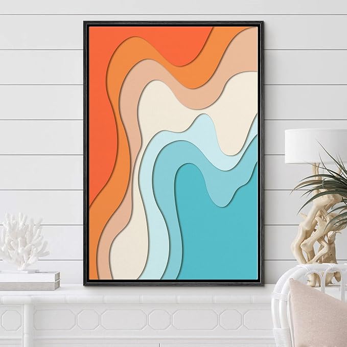 Woodrose Framed Canvas Print Wall Art Neon Orange, Tan & Blue Color Gradient Abstract Shapes Illustrations Modern Art Minimalist 3D Colorful Ultra for Living Room, Bedroom, Office - 16"x24" BLACK