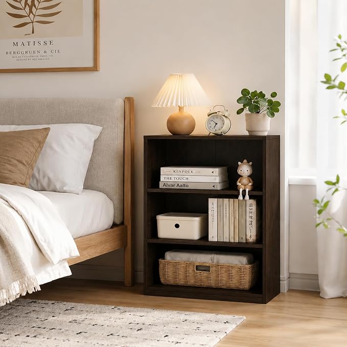 Wooden 3-Tier Bookshelf, Adjustable Open Storage Shelf Unit, 31.5" Tall Bookcase（Chocolate）