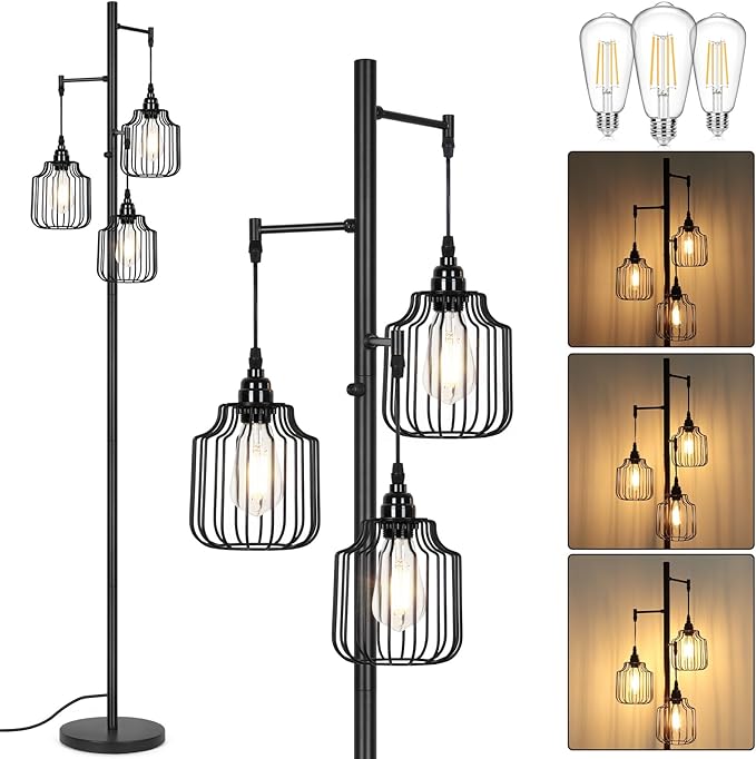 Dimmable Floor Lamp with 3 x 800LM LED Edison Bulbs,Tall Standing Lamp for Living Room,Farmhouse Black Corner Floor Lamp,Bright Industrial Rustic Vintage Tree Pole Light with Cage for Bedroom Office