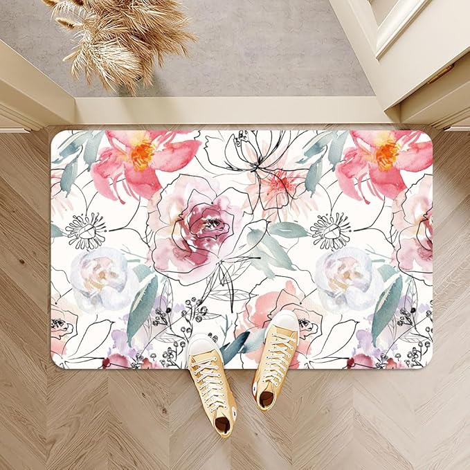 Bath Mat Rug,Pink Watercolor Peonies Non Slip Quick Dry Super Absorbent Thin Bathroom Rugs Fit Under Door-Easy to Clean Bathroom Floor Mats-Shower Rug for Shower Sink Bathtub(20" x 31"in)
