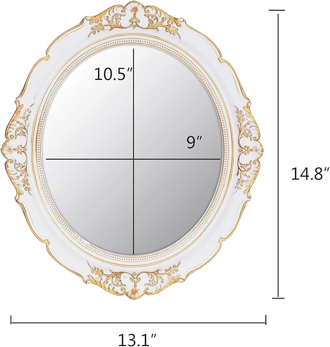 Eaoundm 13.1 x 14.8 inchs Decorative Wall Mirror,Vintage Hanging Mirrors for Bedroom Living-Room Dresser Decor Oval (White)