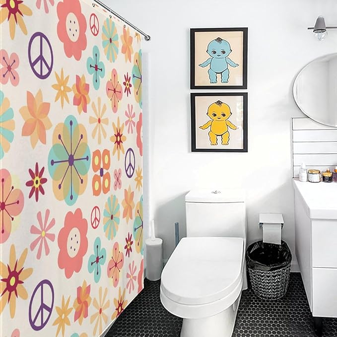 Hippie Floral Shower Curtain for Bathroom,Rustic Vintage 70s Floral Groovy Cute Flower Colorful Aesthetic Funky Trippy Waterproof Fabric Shower Curtain Set with Hooks, 72"x78"