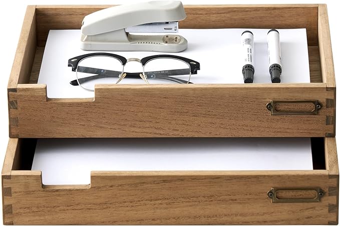 KIRIGEN Wood Desk Organizer Set of 2, Stackable Paper Tray with Metal Label Holders, Natural Wooden Letter Trays for Office Desktop, Mail, Files, Folders and Classroom Papers, Brown 2TTP-DBR