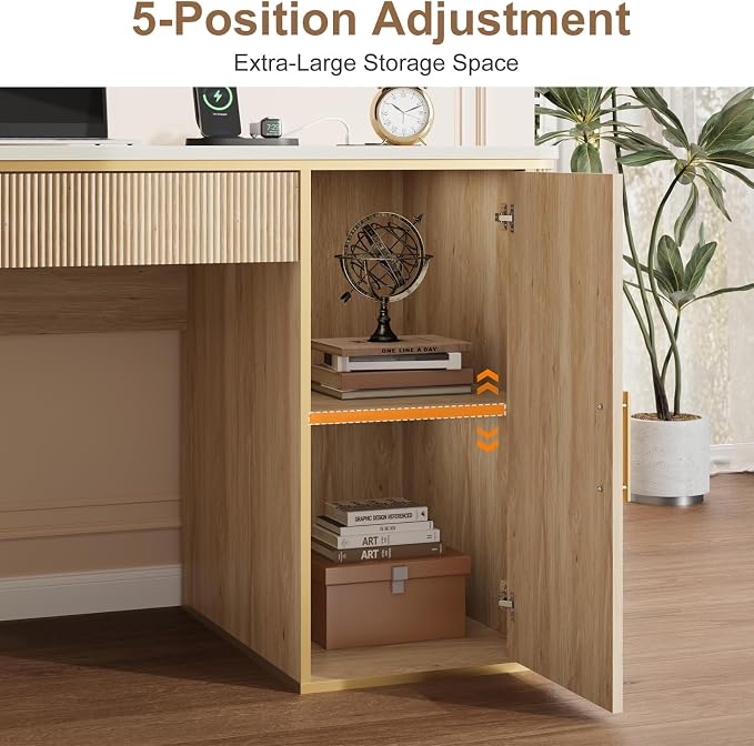 60" Fluted Writing Desk, Wooden Long Home Office Computer Desk with Drawer & Storage Cabinet, Modern Writing Table with Charging Station, High Executive Desk, Bedroom, Nature Oak, Set of 2