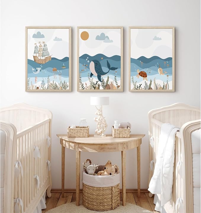 Ocean Nursery Wall Art Pictures Blue Nautical Canvas Art Beach Animal Wall Decor Baby Boys Room Wall Art Sea Whale Prints Ocean Nautical Poster for Nursery Baby Room 16x24 Inch Set of 3 Wood Framed