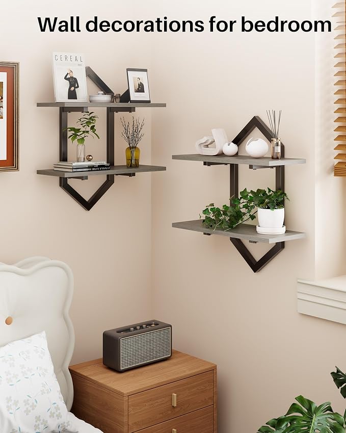 Floating Shelves, Set of 2 Wall Shelf, Wall Mounted Decorative Shelves, 2-Tier Modern Geometric Hanging Storage Shelf for Living Room, Bedroom, Kitchen, Office, Study (Greige + Black)