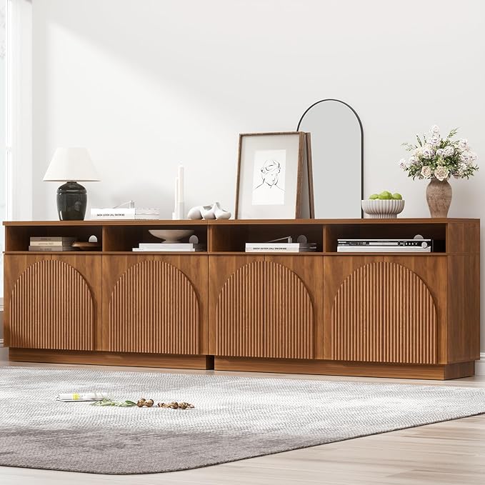 Yechen Walnut Fluted Sideboard Buffet Cabinet with Arched Reeded Design Doors, Mid Century Modern Credenza Storage Cabinet with Adjustable Shelves, for Living Room Kitchen Dinning Entryway/2 Pieces
