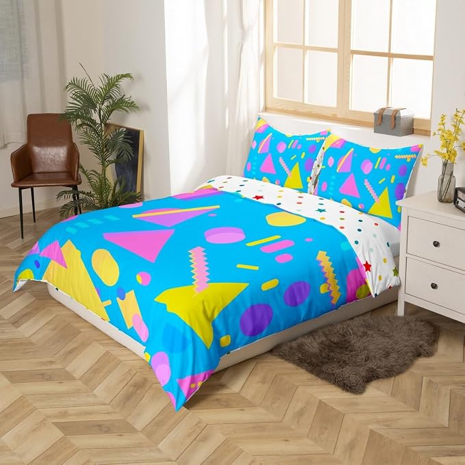 Memphis Duvet Cover Hipster Retro Bedding Set,80s and 90s Hip Hop Funky Comforter Cover Colorful Pop Art Inspired Pattern Twin Bed Set,Watercolor Eighties Memphis Geometrical 80s Bedroom Decor