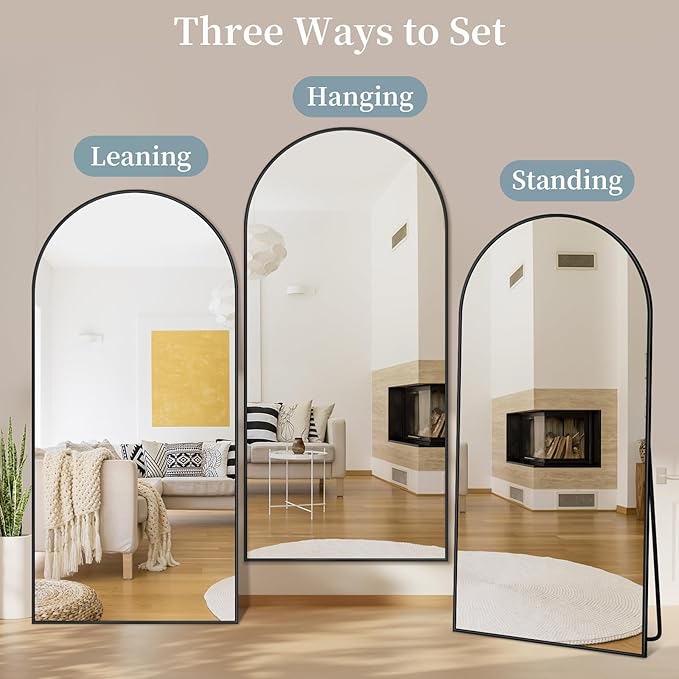 Full Length Mirror with Stand, 71"x32" Arched Full Body Mirror, Large Stand Up Mirrors, Aluminum Frame Floor Standing Mirrors, Freestanding Hanging Leaning Mounted for Bedroom Living Room, Black