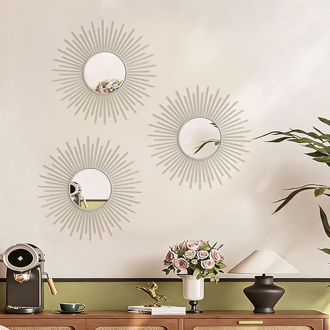 3 Pack Metal Mirrors for Wall Sunburst Wall Mirrors Home Décor Decorative Hanging Wall Art for Living Room Bedroom Entryway (White, Sunburst)