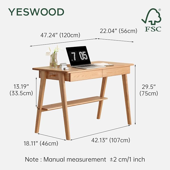 YESWOOD 100% Solid Wood Desk with Drawers, Mid Century Modern Oak Desk, Home Office Computer Desk for Study Writing 47.24" W