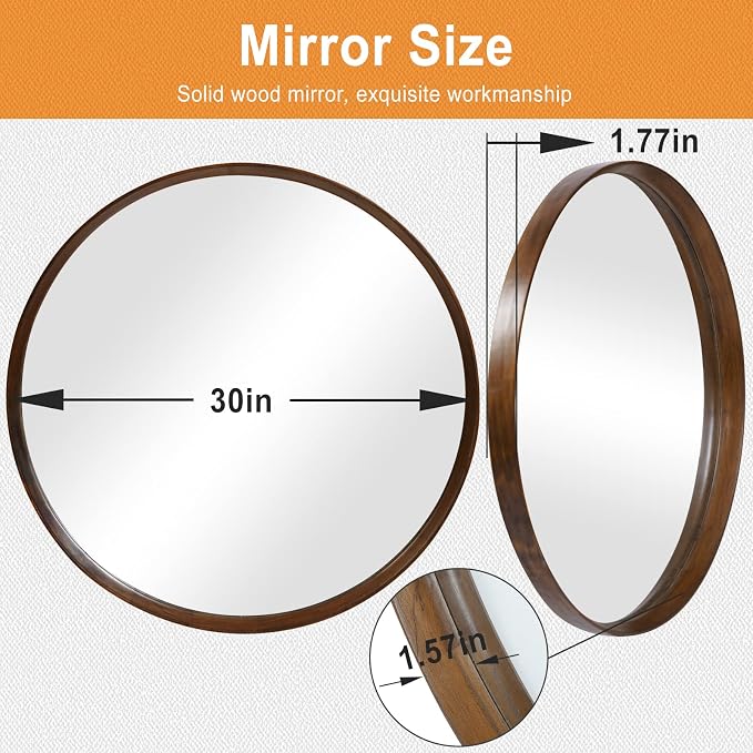 MAGFLERUM Round Wood Mirror 30 Inch, Wall-Mounted Circle Mirrors, Suitable for Entrance, Bedroom, Living Room, Hallway, Bathroom, Vanity (Brown)